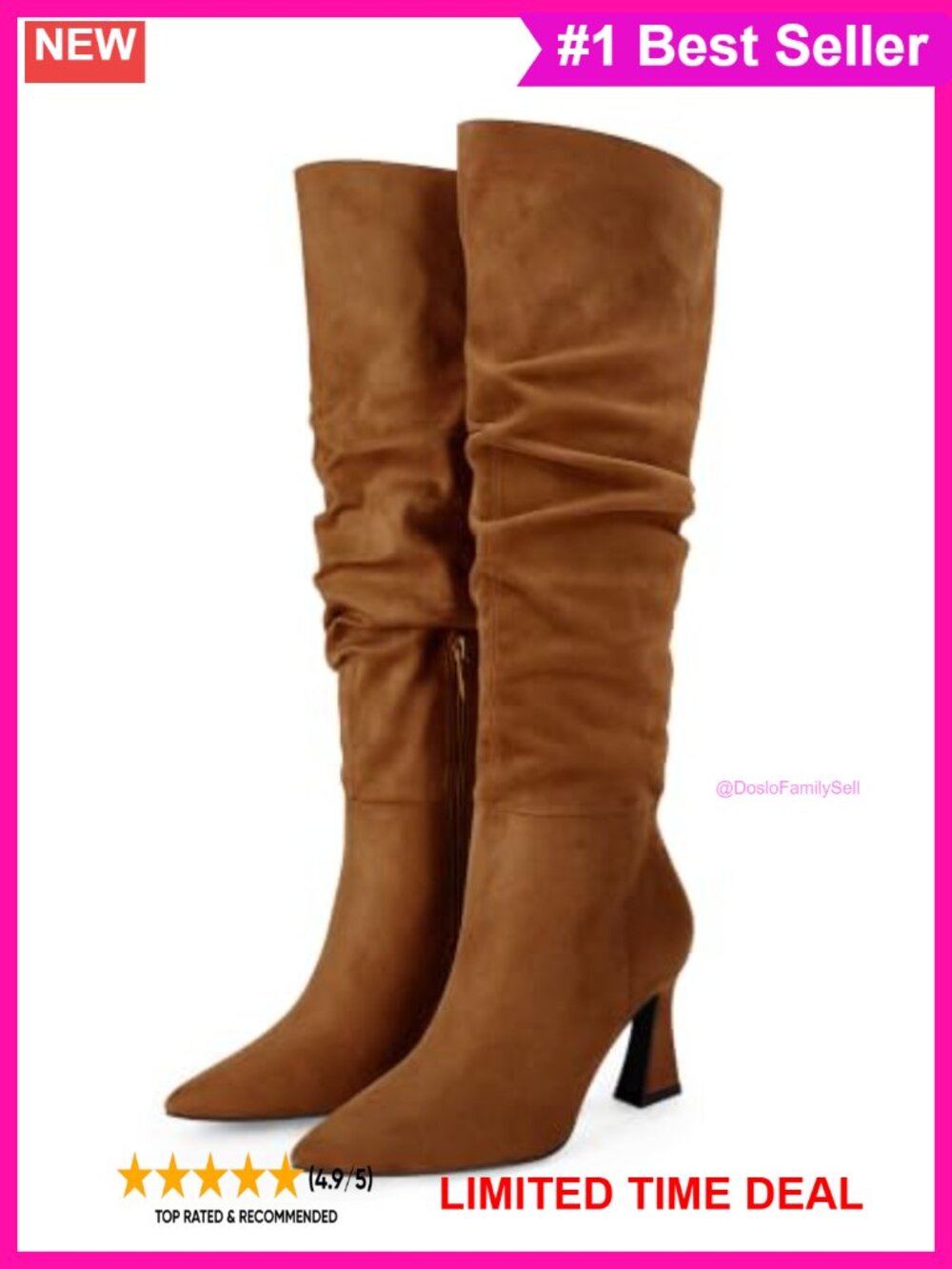 Women's Slouchy Knee High Wide Calf Pointed Toe Side Zip Chunky Heel Boots